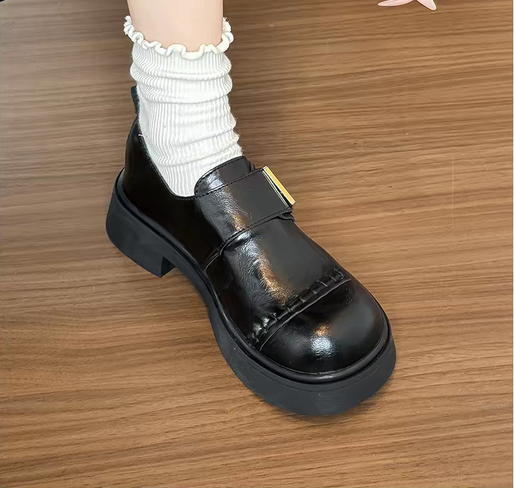 Women's Black Patent Leather Platform Monk Strap Shoes – Chunky Sole Retro Casual Loafers,Sizes 5.5-8.5